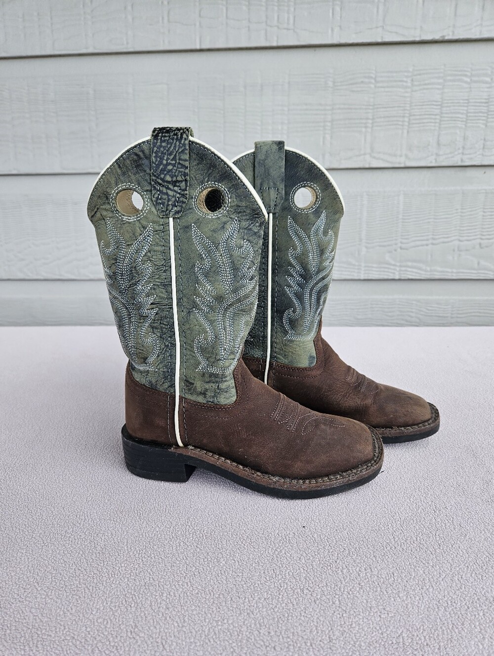 Old West Western Cowboy Boots Toddler SZ 11 Brown Green Square Toe Rodeo